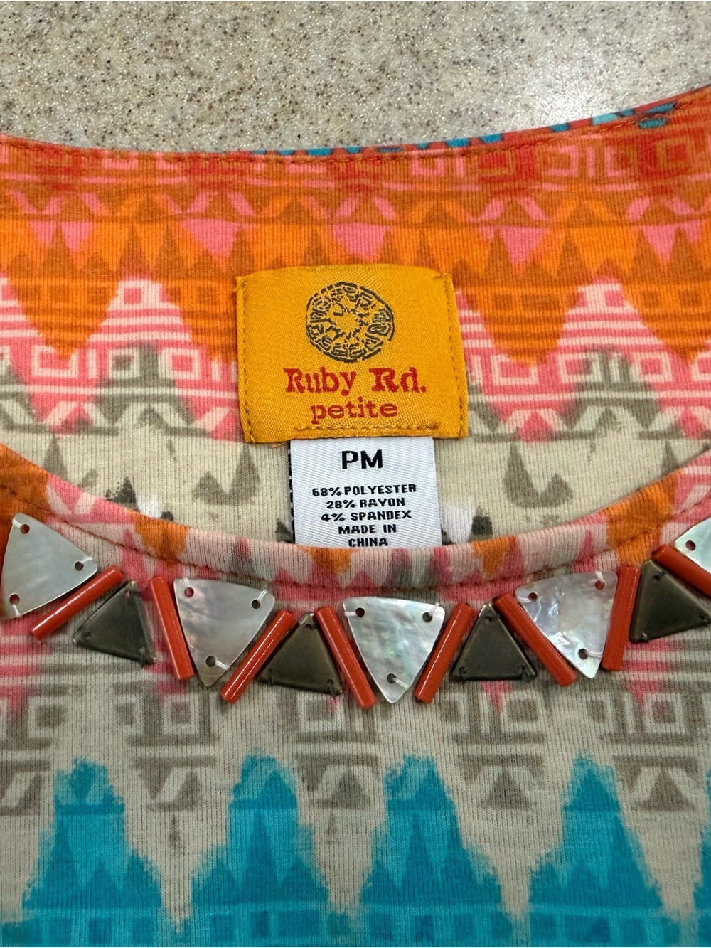 Ruby Rd. Short-Sleeve Aztec Print Top in Orange and Turquoise - Picture 3 of 5